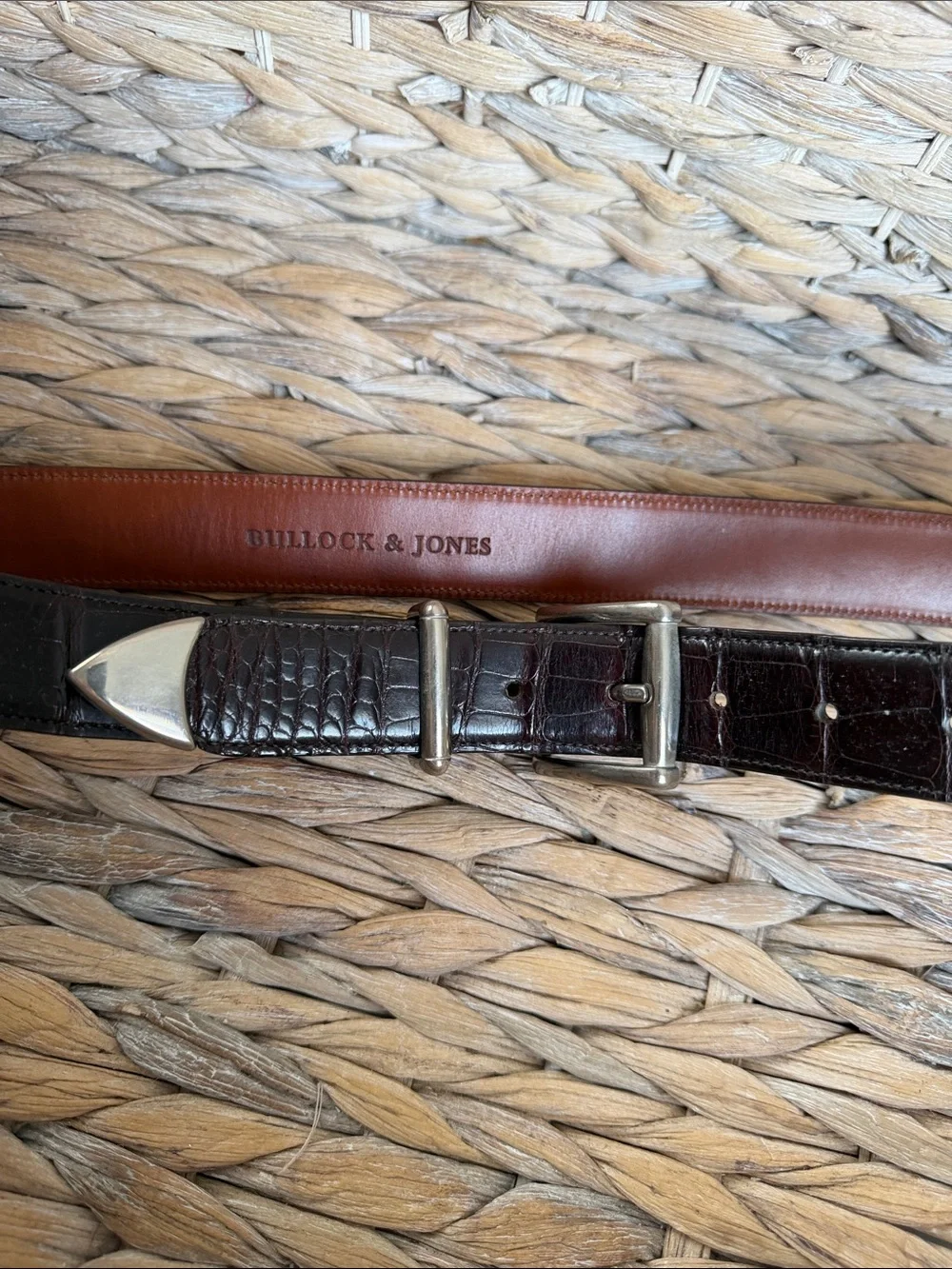 Croc-Embossed Dark Brown Leather Belt with Silver Buckle - Men